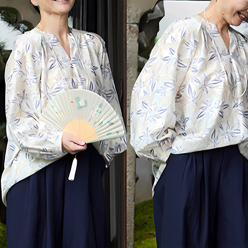 Buddha Stonesブルー ベージュ 花柄 ノッチデザイン 長袖 レディース シャツ 高齢者向け - image 22