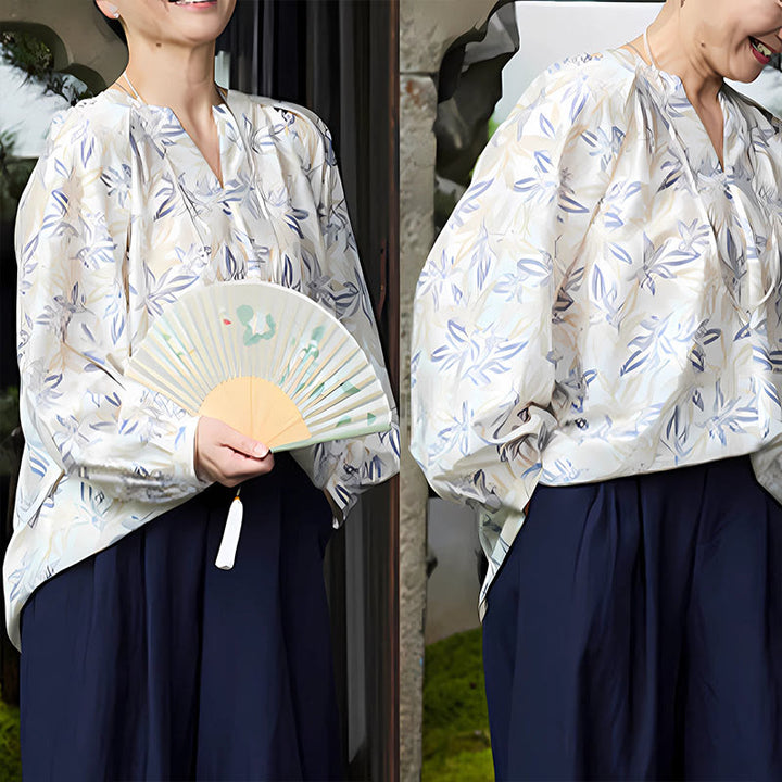 Buddha Stonesブルー ベージュ 花柄 ノッチデザイン 長袖 レディース シャツ 高齢者向け - image 22