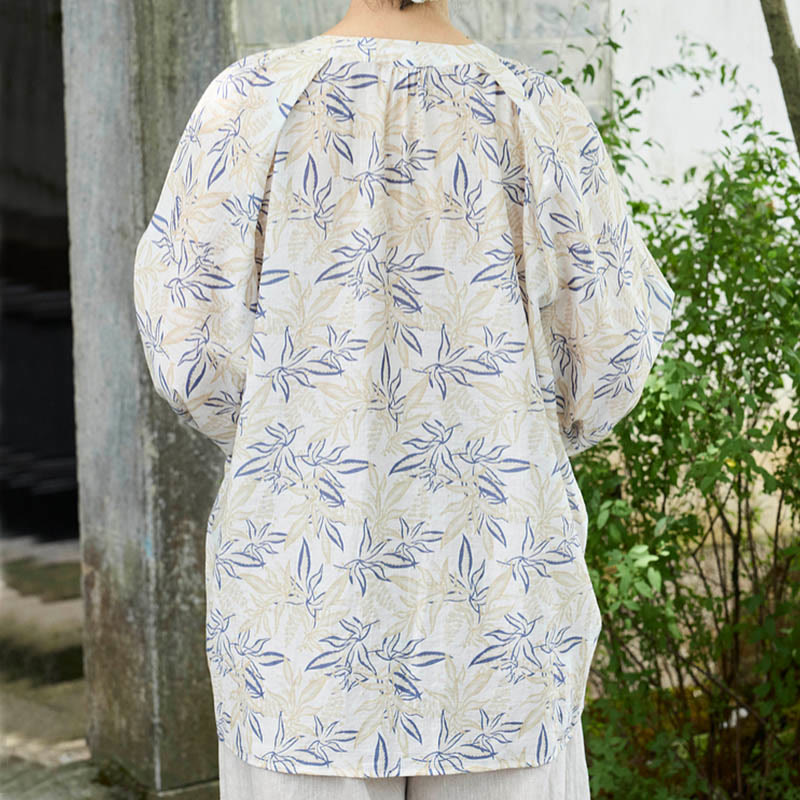 Buddha Stonesブルー ベージュ 花柄 ノッチデザイン 長袖 レディース シャツ 高齢者向け - image 2
