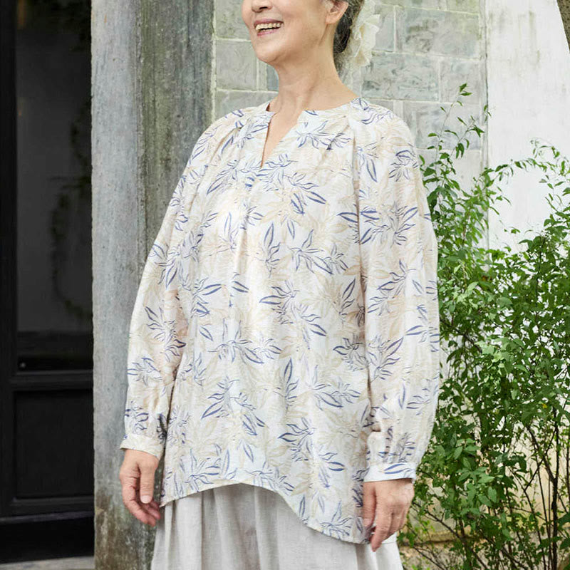 Buddha Stonesブルー ベージュ 花柄 ノッチデザイン 長袖 レディース シャツ 高齢者向け - image 4