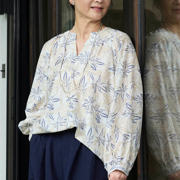 Buddha Stonesブルー ベージュ 花柄 ノッチデザイン 長袖 レディース シャツ 高齢者向け - image 21