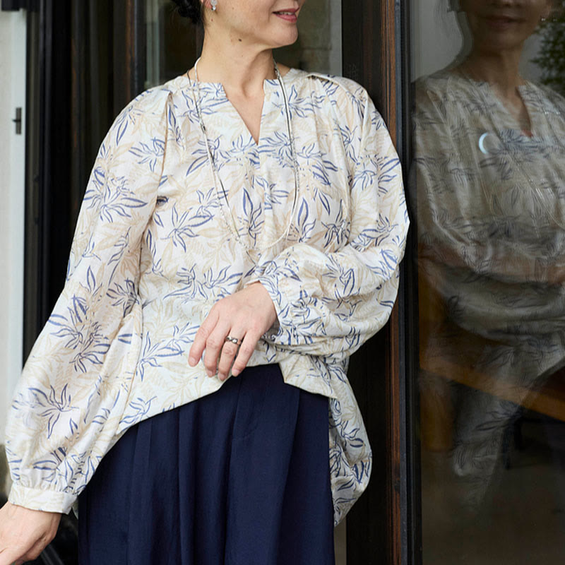 Buddha Stonesブルー ベージュ 花柄 ノッチデザイン 長袖 レディース シャツ 高齢者向け - image 20