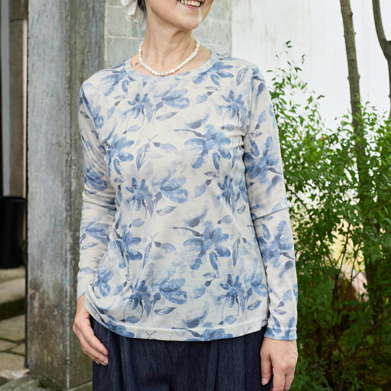 Buddha Stones秋 青 花柄 レディース 長袖 Tシャツ 高齢者向け - アリスブルー - US8-10，UK/AU12-14，EU40-42 (2XL) - image 0