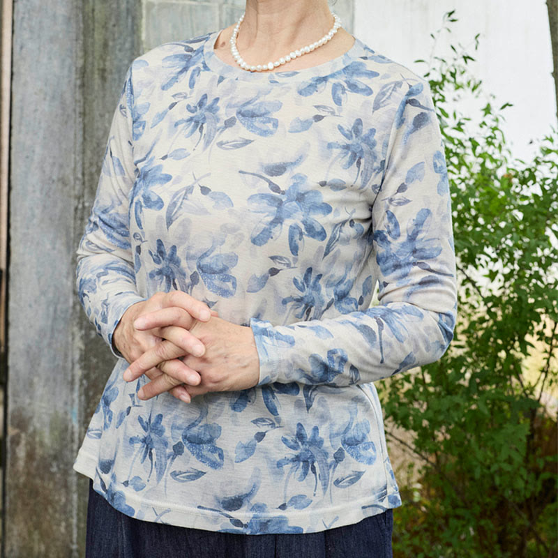 Buddha Stones秋 青 花柄 レディース 長袖 Tシャツ 高齢者向け - image 4