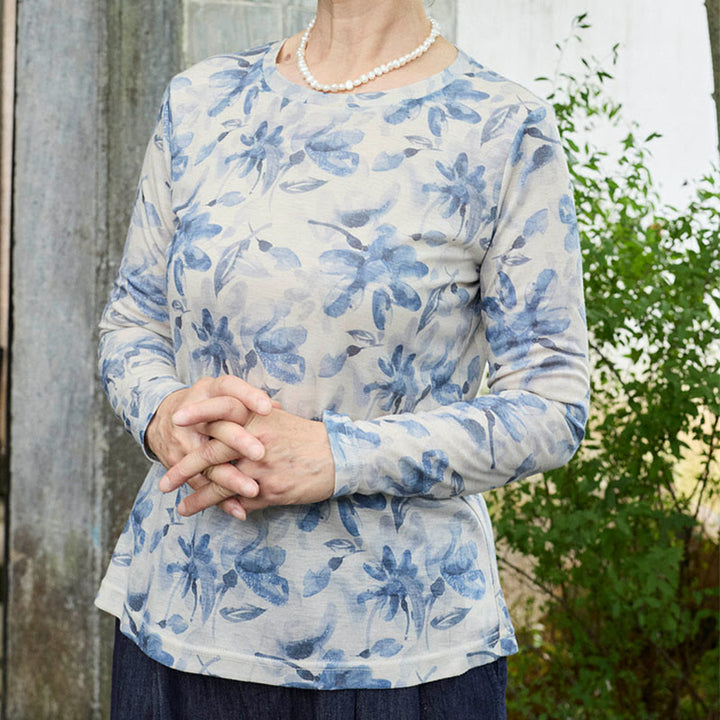 Buddha Stones秋 青 花柄 レディース 長袖 Tシャツ 高齢者向け - image 4