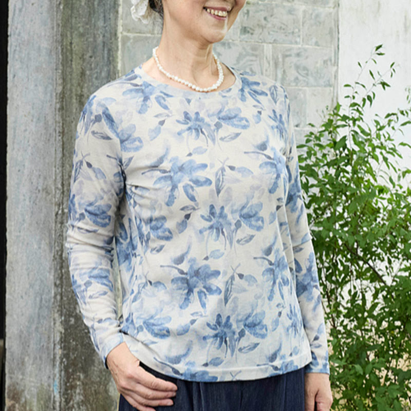 Buddha Stones秋 青 花柄 レディース 長袖 Tシャツ 高齢者向け - image 5