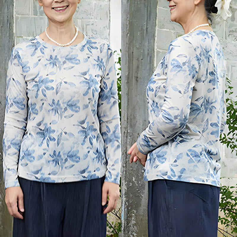 Buddha Stones秋 青 花柄 レディース 長袖 Tシャツ 高齢者向け - image 8