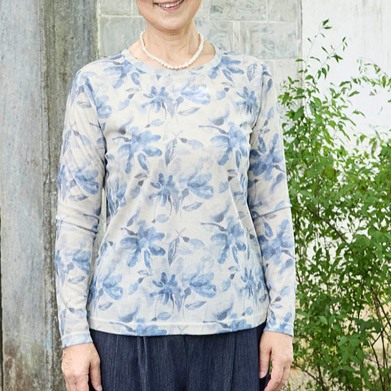 Buddha Stones秋 青 花柄 レディース 長袖 Tシャツ 高齢者向け - image 3