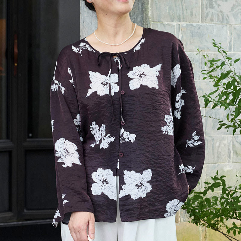 Buddha Stones黒 花柄 レースアップ ボタン 長袖 レディース シャツ 高齢者向け - 黒 - US14、 UK/AU18、 EU46 (2XL) - image 0