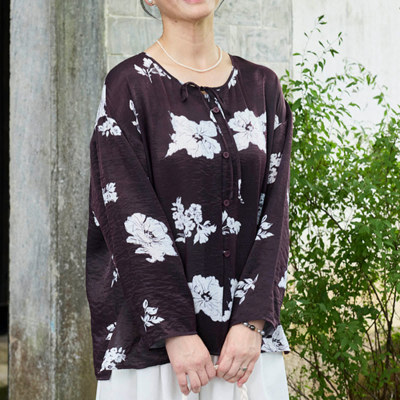 Buddha Stones黒 花柄 レースアップ ボタン 長袖 レディース シャツ 高齢者向け - image 1
