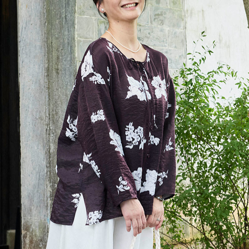 Buddha Stones黒 花柄 レースアップ ボタン 長袖 レディース シャツ 高齢者向け - image 4