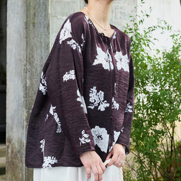 Buddha Stones黒 花柄 レースアップ ボタン 長袖 レディース シャツ 高齢者向け - image 2