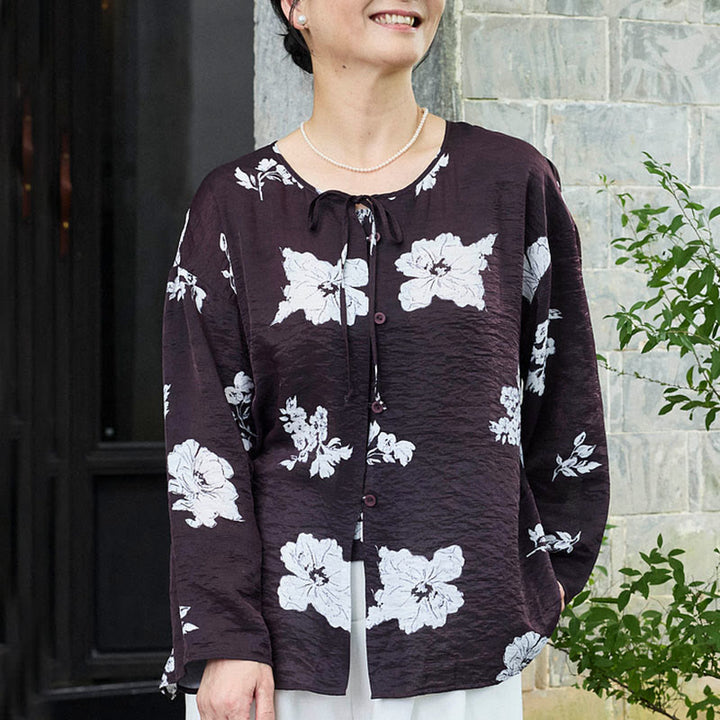 Buddha Stones黒 花柄 レースアップ ボタン 長袖 レディース シャツ 高齢者向け - image 5