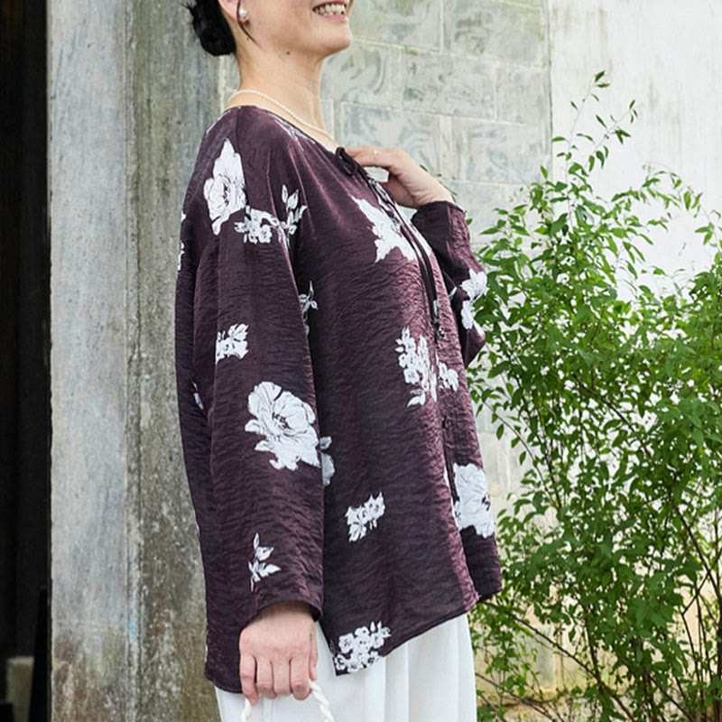 Buddha Stones黒 花柄 レースアップ ボタン 長袖 レディース シャツ 高齢者向け - image 3