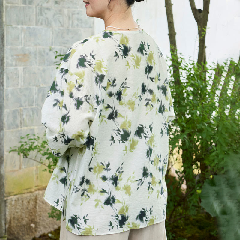 Buddha Stonesと緑の花柄の葉っぱのレースアップボタン長袖レディースシャツ（高齢者向け） - image 4