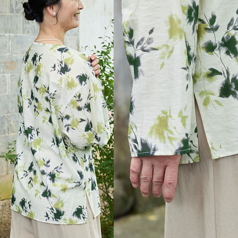 Buddha Stonesと緑の花柄の葉っぱのレースアップボタン長袖レディースシャツ（高齢者向け） - image 15