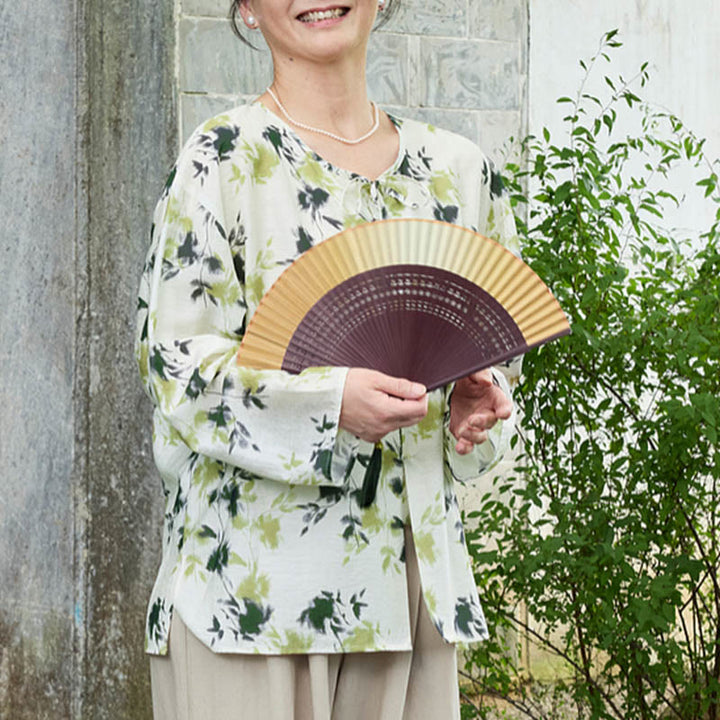 Buddha Stonesと緑の花柄の葉っぱのレースアップボタン長袖レディースシャツ（高齢者向け） - image 8