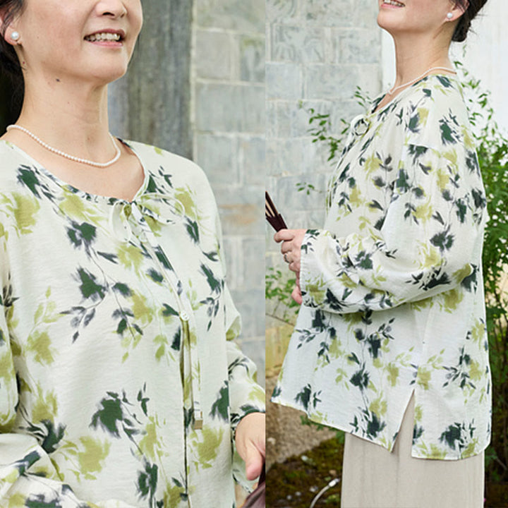 Buddha Stonesと緑の花柄の葉っぱのレースアップボタン長袖レディースシャツ（高齢者向け） - image 11