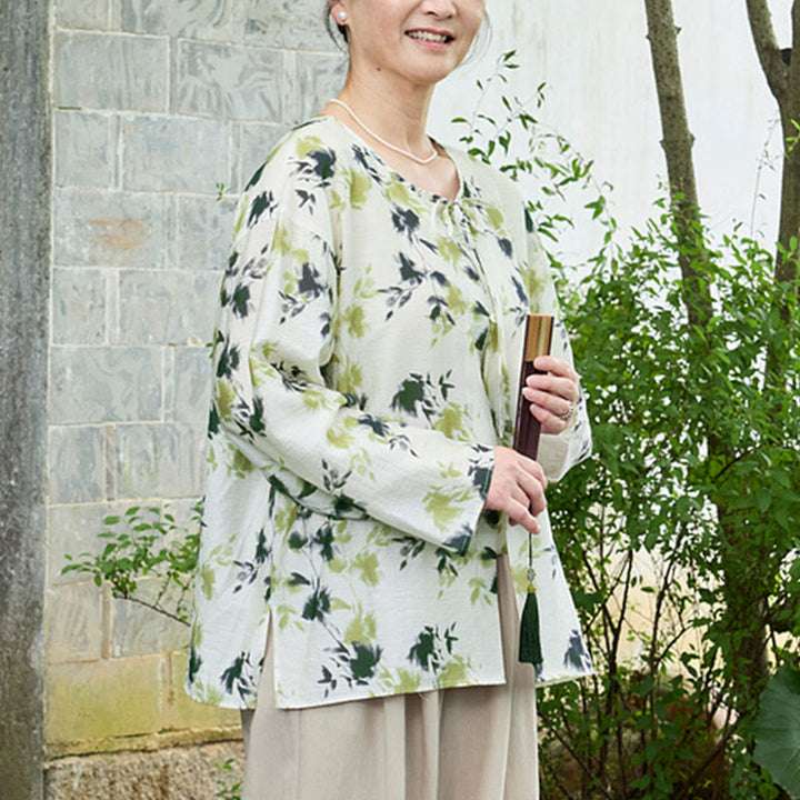 Buddha Stonesと緑の花柄の葉っぱのレースアップボタン長袖レディースシャツ（高齢者向け） - image 7