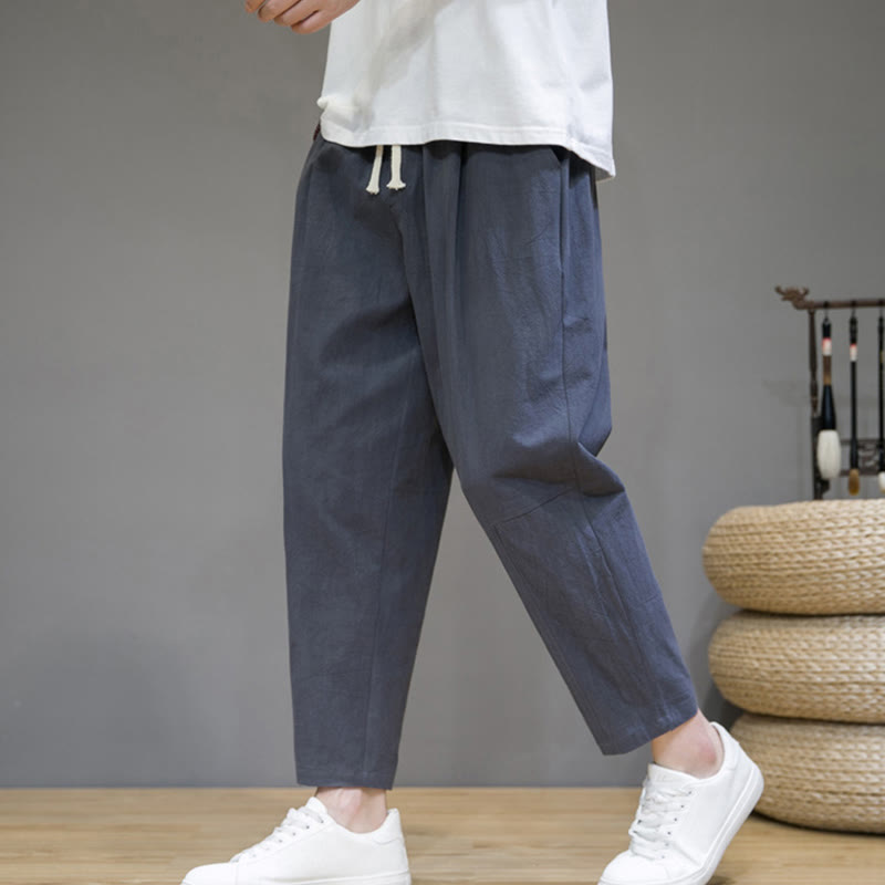 Buddha Stonesカジュアル ピュアカラー テーパードデザイン メンズ コットンリネン ドローストリングパンツ ポケット付き - image 13