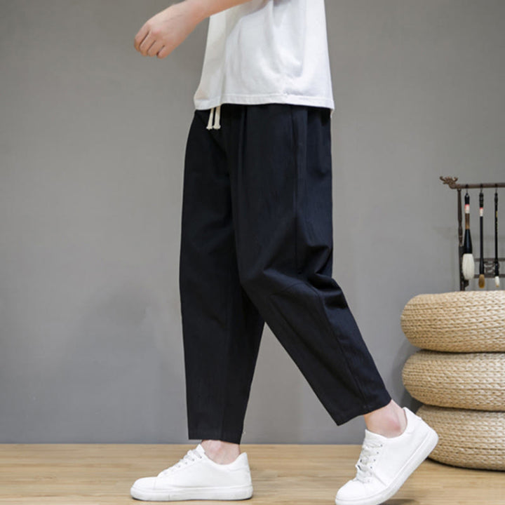 Buddha Stonesカジュアル ピュアカラー テーパードデザイン メンズ コットンリネン ドローストリングパンツ ポケット付き - image 5