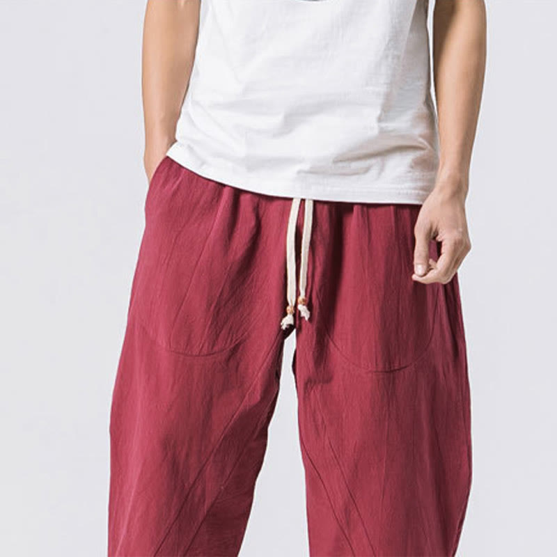 Buddha Stones夏 カジュアル シンプル 無地 デザイン 7-8丈 メンズ ドローストリング パンツ ポケット付き - image 8
