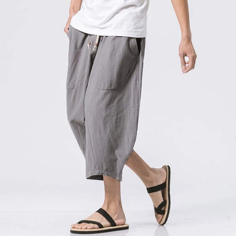 Buddha Stones夏 カジュアル シンプル 無地 デザイン 7-8丈 メンズ ドローストリング パンツ ポケット付き - image 3