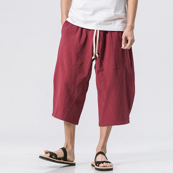 Buddha Stones夏 カジュアル シンプル 無地 デザイン 7-8丈 メンズ ドローストリング パンツ ポケット付き - クリムゾン - US/UK/AU46、 EU56 (5XL) - image 4