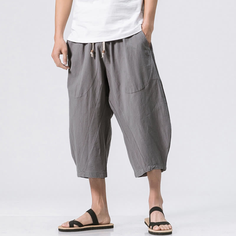 Buddha Stones夏 カジュアル シンプル 無地 デザイン 7-8丈 メンズ ドローストリング パンツ ポケット付き - ライトグレー - US/UK/AU46、 EU56 (5XL) - image 0