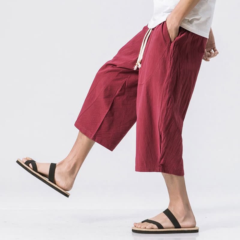 Buddha Stones夏 カジュアル シンプル 無地 デザイン 7-8丈 メンズ ドローストリング パンツ ポケット付き - image 5