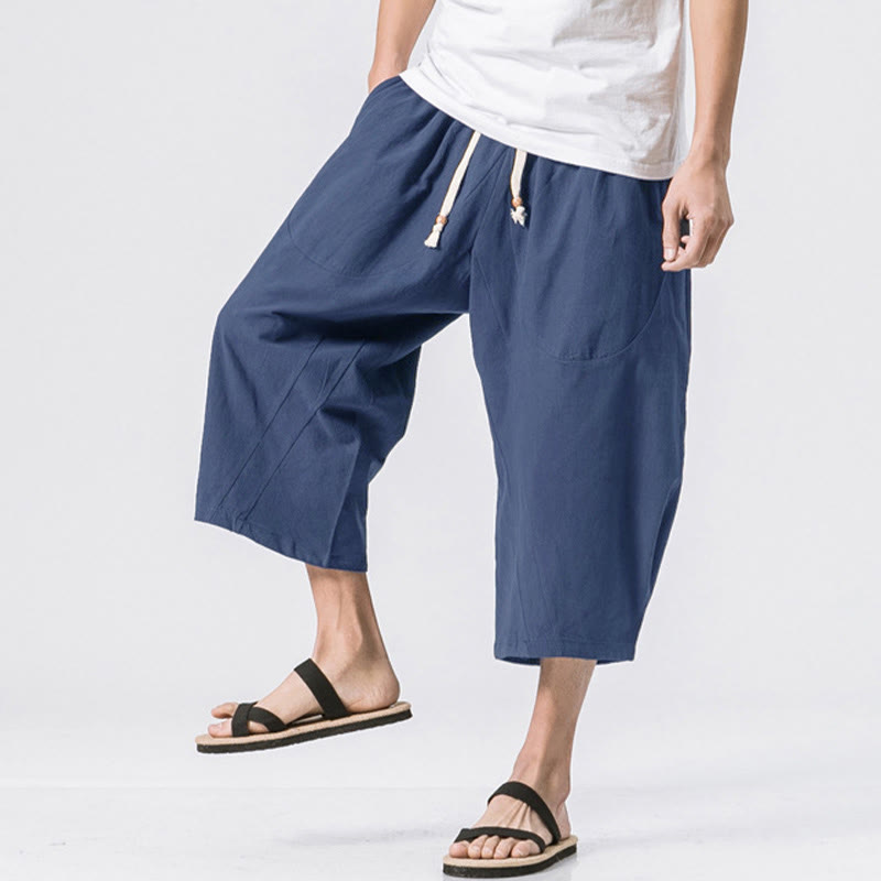 Buddha Stones夏 カジュアル シンプル 無地 デザイン 7-8丈 メンズ ドローストリング パンツ ポケット付き - ミッドナイトブルー - US/UK/AU46、 EU56 (5XL) - image 15