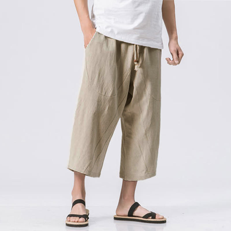 Buddha Stones夏 カジュアル シンプル 無地 デザイン 7-8丈 メンズ ドローストリング パンツ ポケット付き - ベージュ - US/UK/AU46、 EU56 (5XL) - image 12
