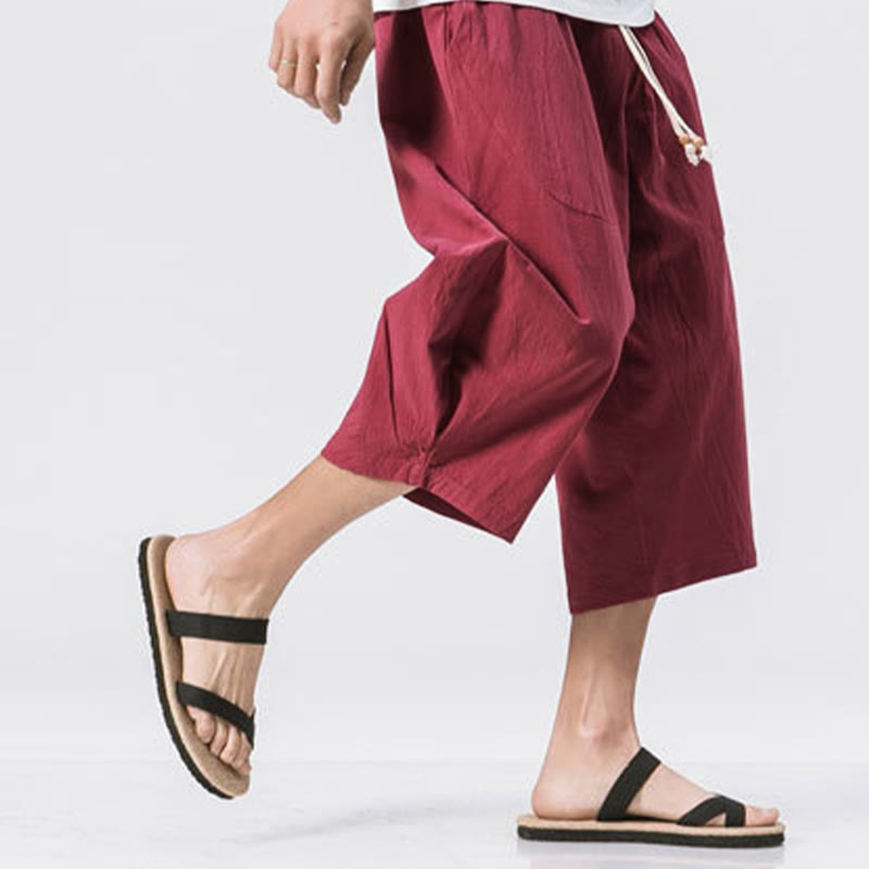 Buddha Stones夏 カジュアル シンプル 無地 デザイン 7-8丈 メンズ ドローストリング パンツ ポケット付き - image 6