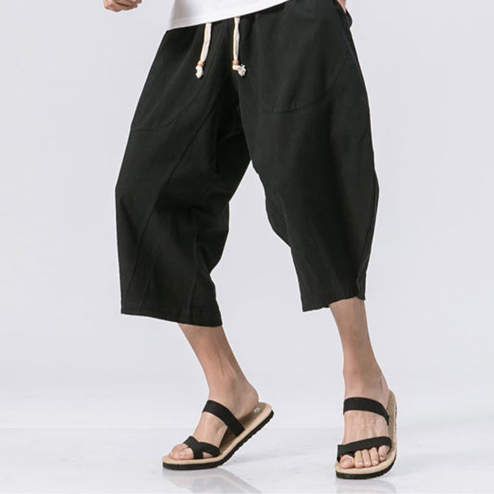 Buddha Stones夏 カジュアル シンプル 無地 デザイン 7-8丈 メンズ ドローストリング パンツ ポケット付き - image 10