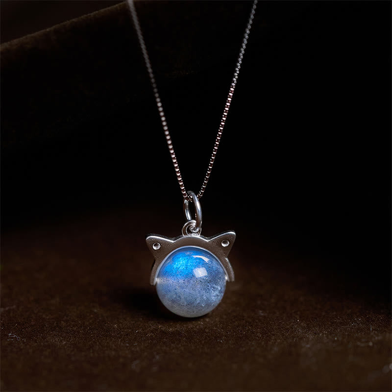 Buddha Stones 925スターリングシルバー ムーンストーン キャットヒーリングネックレスペンダント - 10mm+0.8mmチェーン - image 0