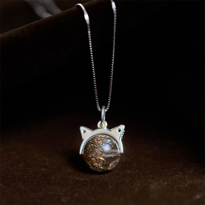 Buddha Stones 925スターリングシルバー 天然ブラックスーパーセブンクリスタルキャットネックレスペンダント - 10mm+0.8mmチェーン - image 0