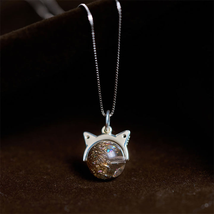 Buddha Stones 925スターリングシルバー 天然ブラックスーパーセブンクリスタルキャットネックレスペンダント - 10mm+0.8mmチェーン - image 0
