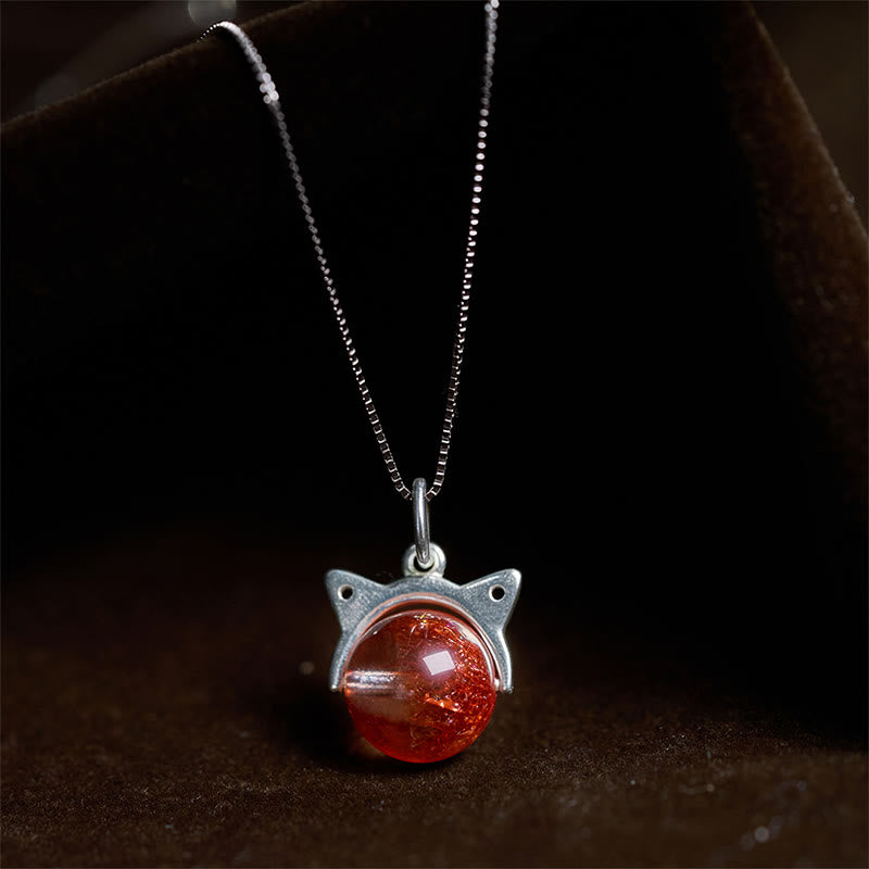 Buddha Stones 925スターリングシルバー 天然レッドスーパーセブンクリスタルキャットネックレスペンダント - 10mm+0.8mmチェーン - image 0