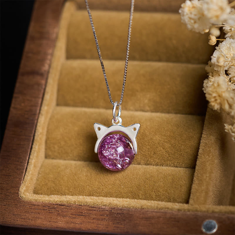 Buddha Stones 925スターリングシルバー 天然ライトパープル花火 スーパーセブンクリスタルキャットネックレスペンダント - image 1