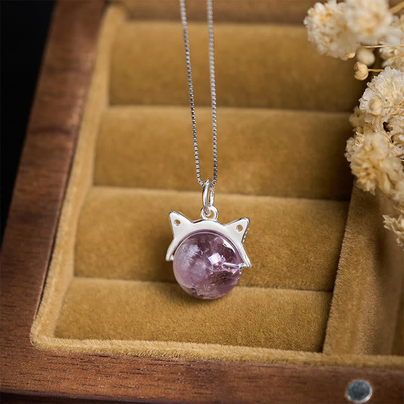 Buddha Stones 925スターリングシルバー 天然レインボーアメジスト 猫 ポジティブネックレスペンダント - image 1