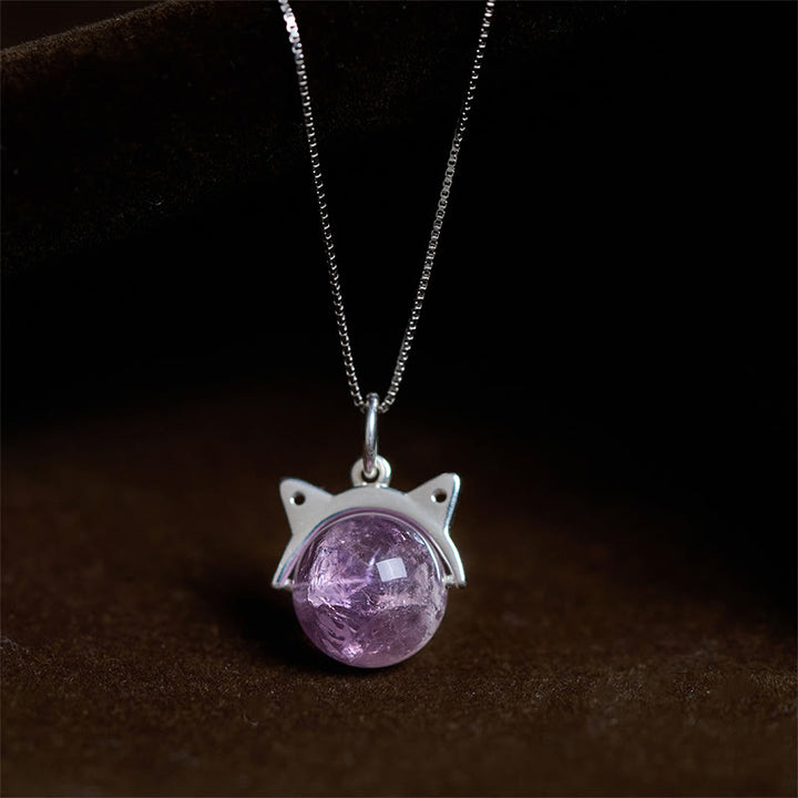 Buddha Stones 925スターリングシルバー 天然レインボーアメジスト 猫 ポジティブネックレスペンダント - 10mm+0.8mmチェーン - image 0