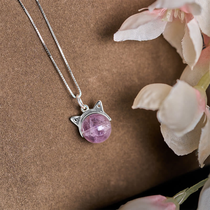 Buddha Stones 925スターリングシルバー 天然レインボーアメジスト 猫 ポジティブネックレスペンダント - image 2