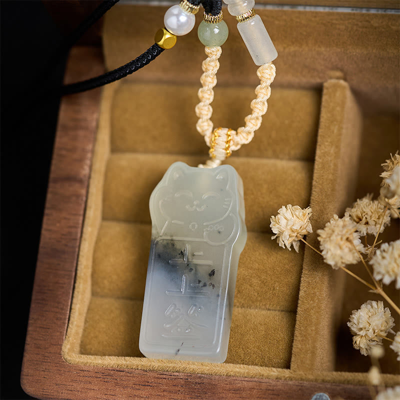 Buddha Stones天然秀岩翡翠猫ロープネックレスペンダント - image 2