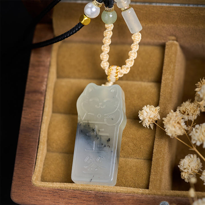 Buddha Stones天然秀岩翡翠猫ロープネックレスペンダント - image 2