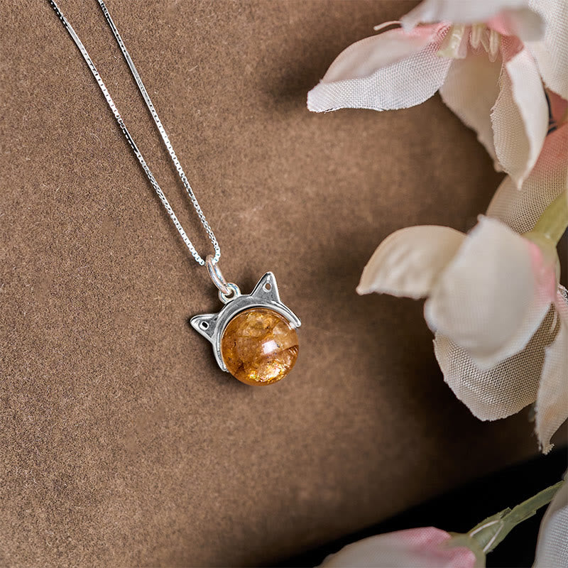 Buddha Stones925スターリングシルバー 天然インクルージョンクォーツ イエローフラワークォーツ 猫の富のネックレスペンダント - image 1