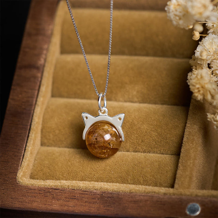 Buddha Stones925スターリングシルバー 天然インクルージョンクォーツ イエローフラワークォーツ 猫の富のネックレスペンダント - image 2