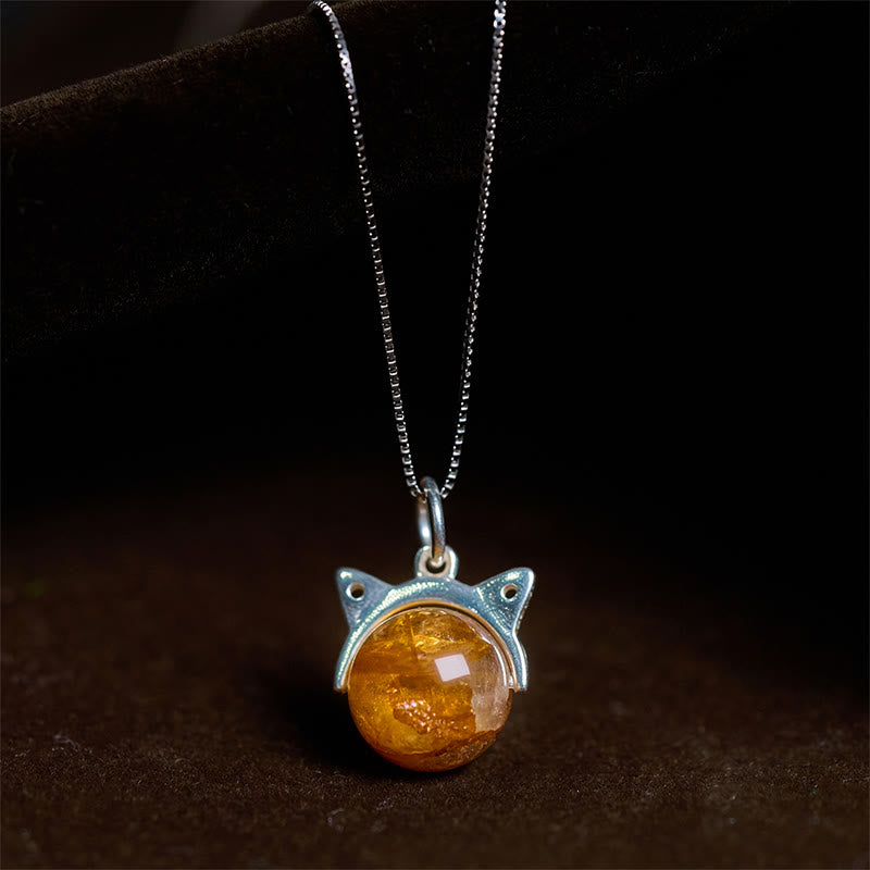 Buddha Stones925スターリングシルバー 天然インクルージョンクォーツ イエローフラワークォーツ 猫の富のネックレスペンダント - 10mm+0.8mmチェーン - image 0