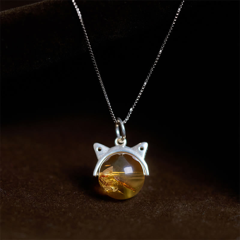 Buddha Stones925スターリングシルバー 天然シトリン 猫の豊かさのネックレスペンダント - 10mm+0.8mmチェーン - image 0