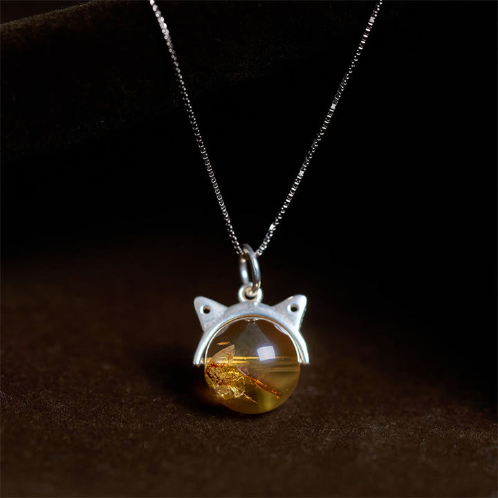 Buddha Stones925スターリングシルバー 天然シトリン 猫の豊かさのネックレスペンダント - 10mm+0.8mmチェーン - image 0
