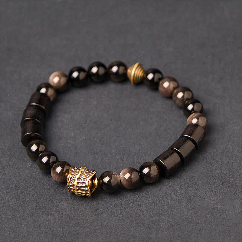Buddha Stonesシルバーシーンオブシディアンエボニー守護ブレスレット - シルバーシーンオブシディアン＆黒檀（手首周り：18～20cm） - image 0